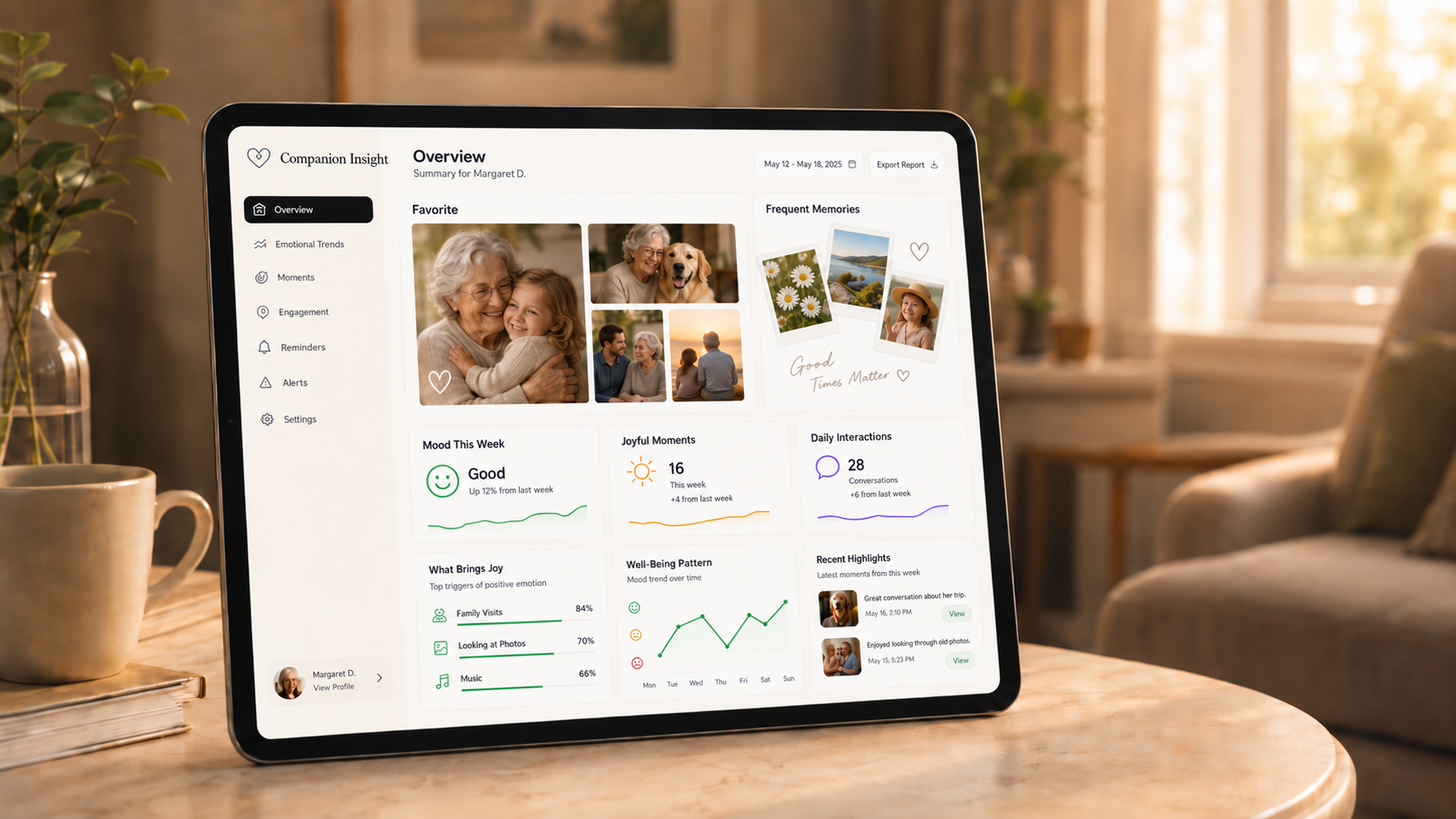 Concept mockup of the Companion Insight caregiver dashboard on a tablet, showing mood trends, joyful moments, and recent highlights