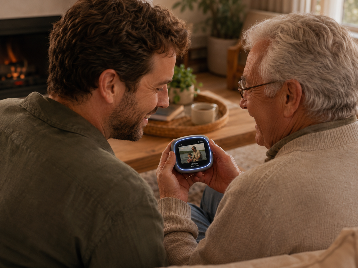 An adult son and his elderly father looking together at a handheld companion device showing an old photo labeled Fishing Trip, Summer 1988