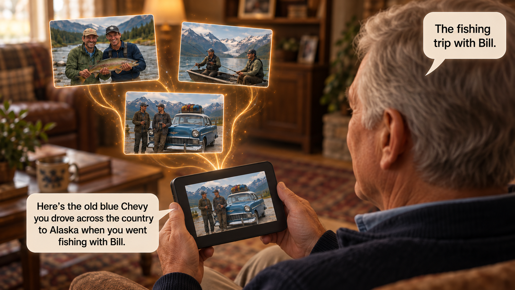 An older man holding a Rose companion device as floating fishing trip memories appear, with Rose gently naming the old blue Chevy trip with Bill