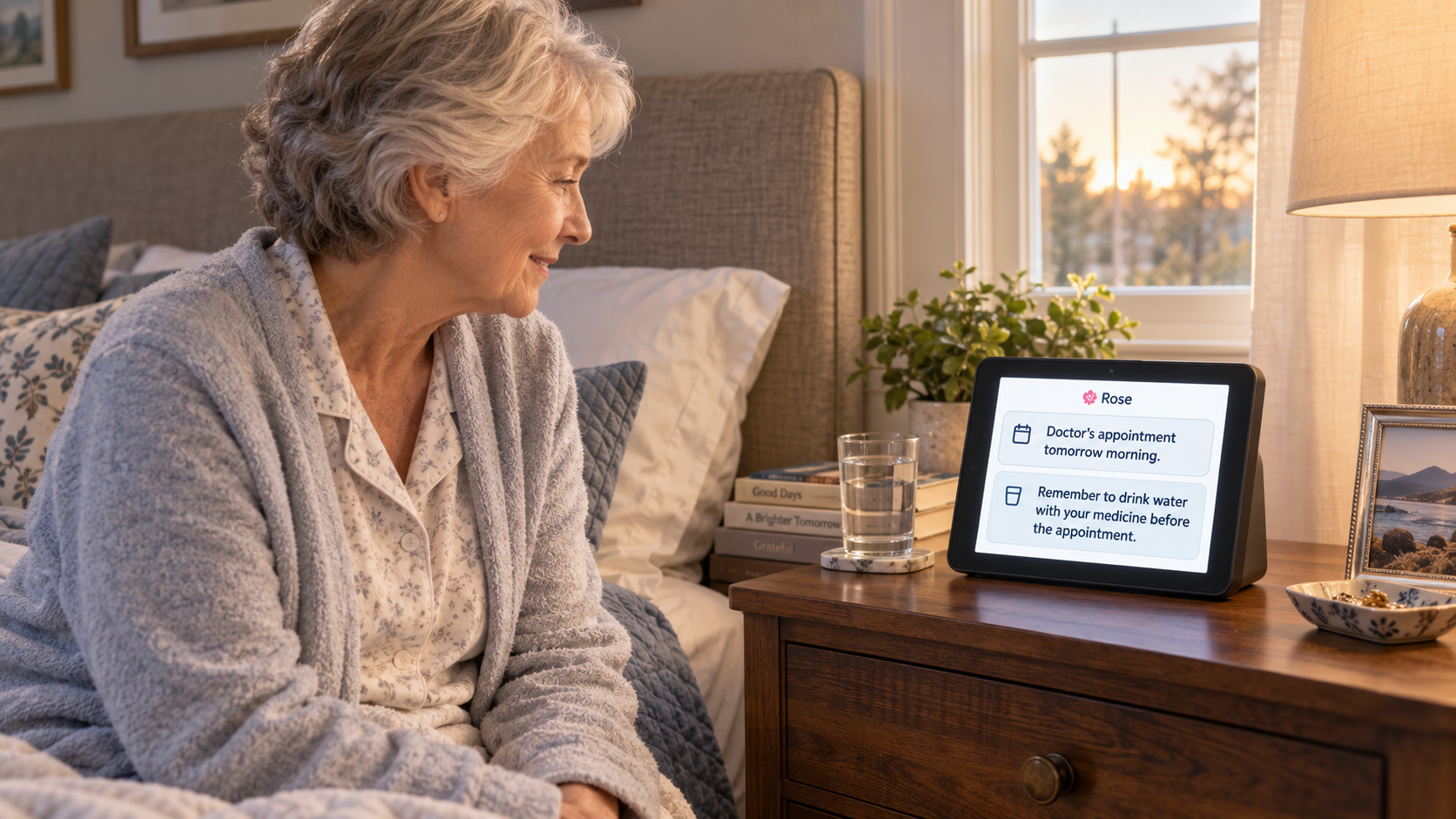 An older woman at her bedside looking at a Rose companion display showing reminders for a doctor appointment tomorrow and to drink water with medicine